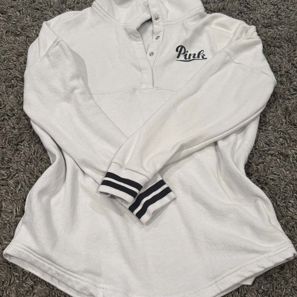 Victoria's Secret PINK White Varsity Logo Quarter-Zip Pullover Sweatshirt